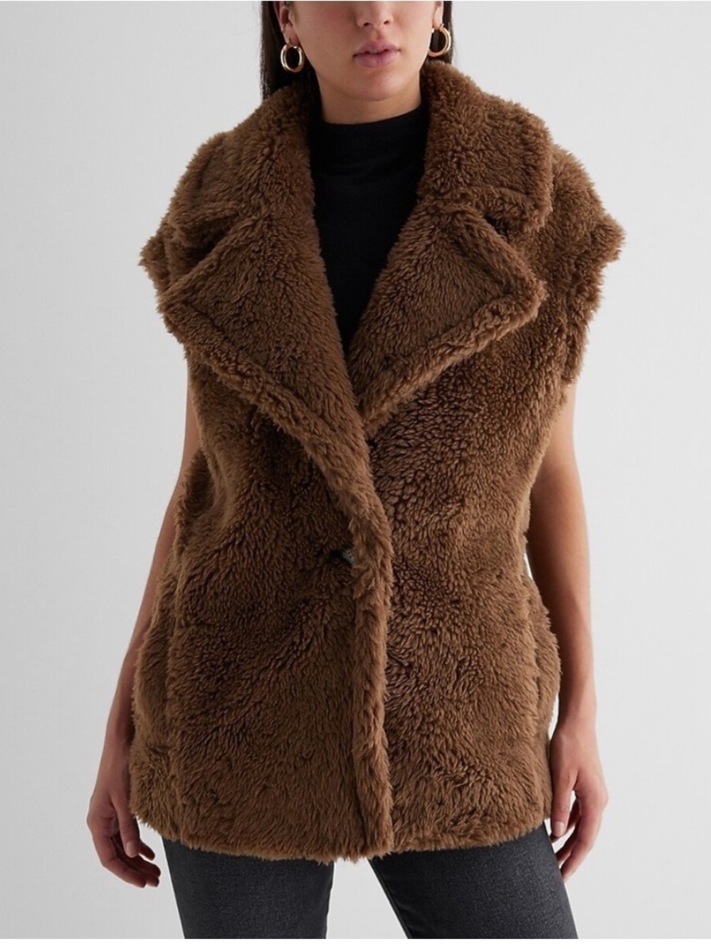 EXPRESS Teddy Faux‎ Fur Vest Jacket – Camel Brown Sz L Old Money Maximalist